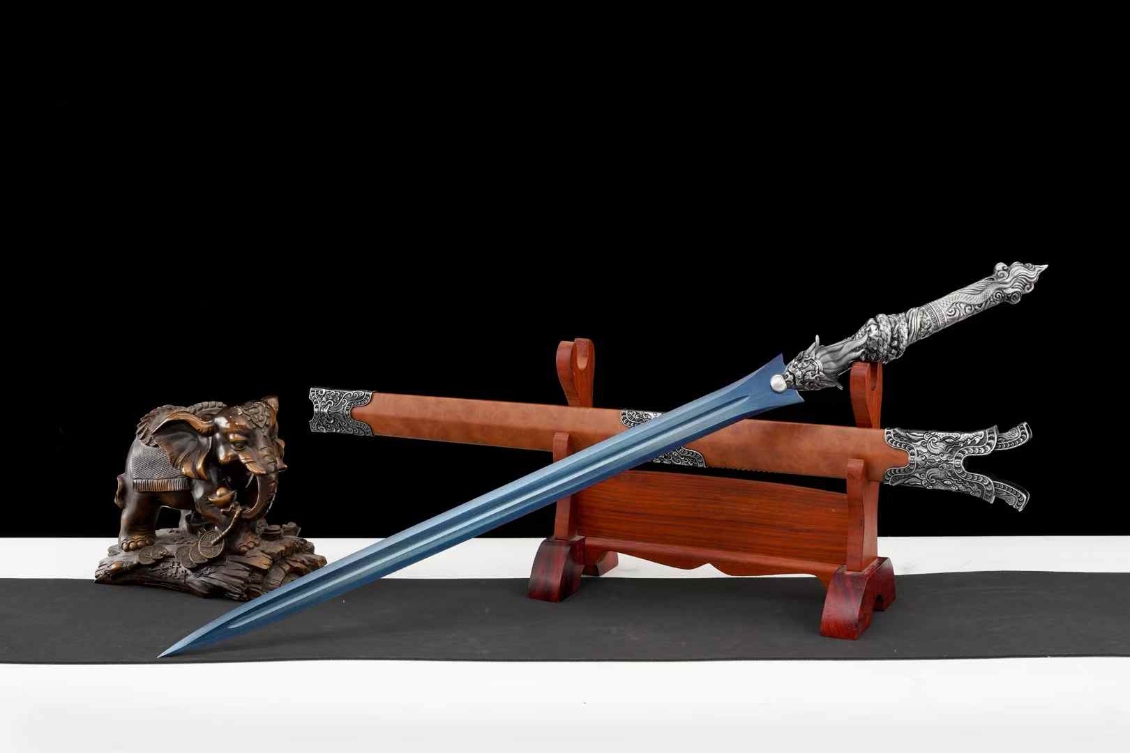 Panlong Jian – Dragon Handle Chinese Sword with Blue Blade & Wood Scabbard