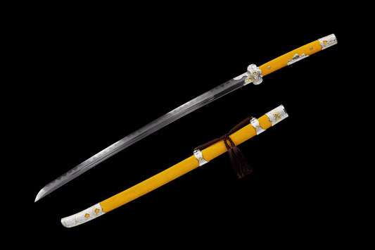 Sakura War Dao | Hand-Forged Five-Layer Steel Chinese Saber with Yellow Ray-Skin Scabbard & Gilt-Brass Fittings