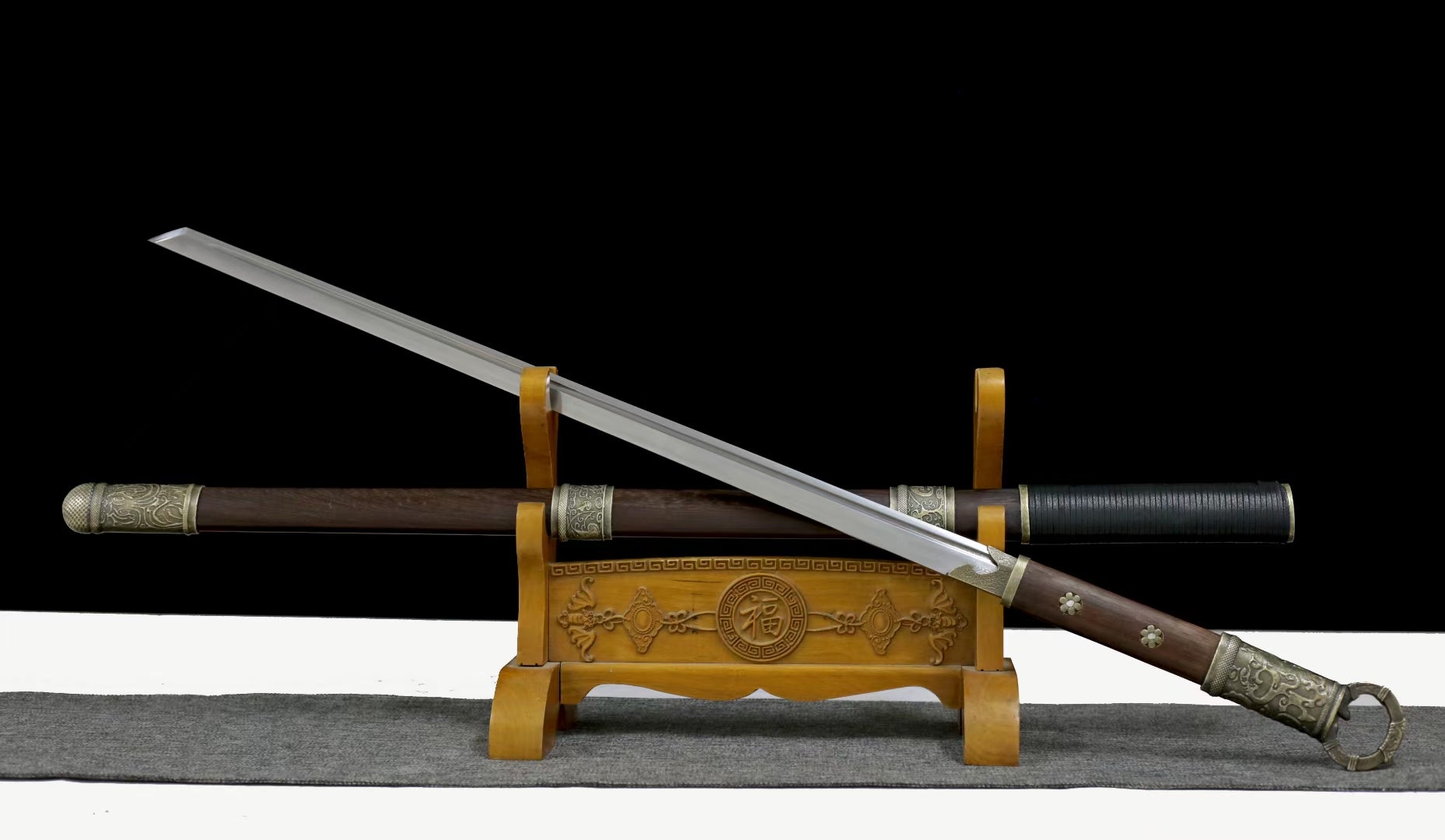 LOONGSWORD,Tang dao,Forged Damascus Steel Blade with Alloy Fittings and Rosewood Scabbard