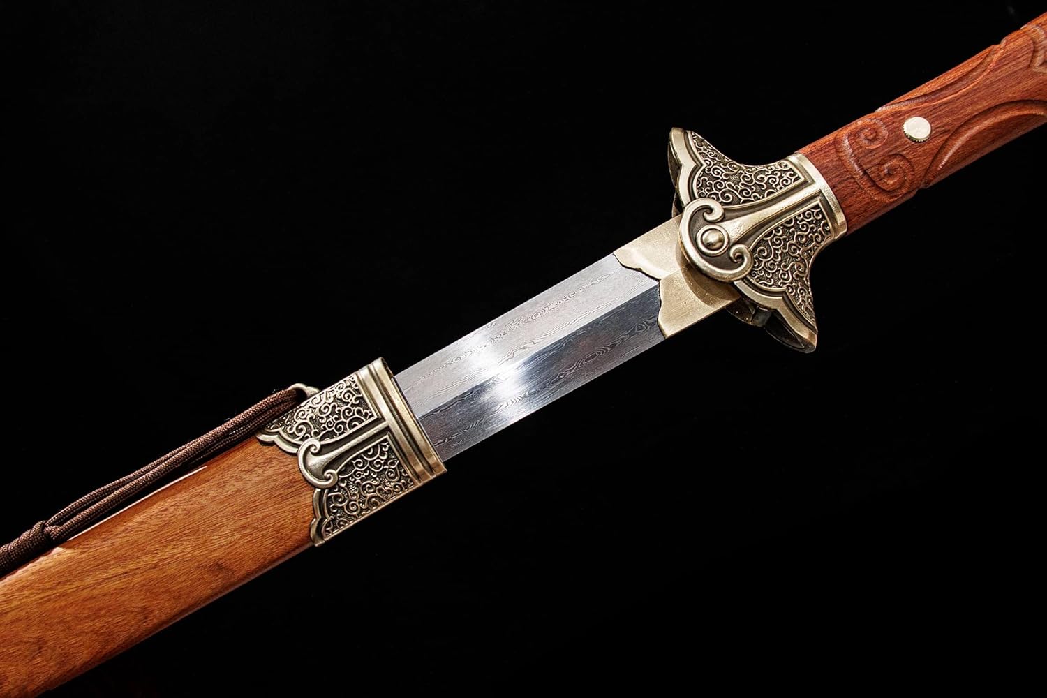 Qingming Jian | Hand-Forged Folded Pattern Steel Chinese Sword with Brass Fittings & Rosewood Scabbard
