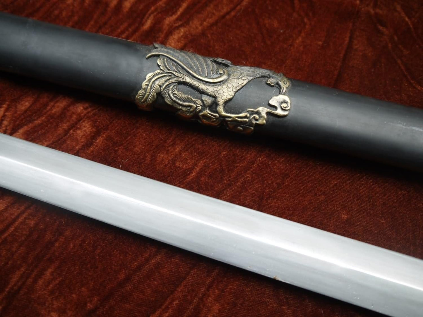 Chinese war Sword,Forged Dmascus Sword Blade,Black Wood Scabbard