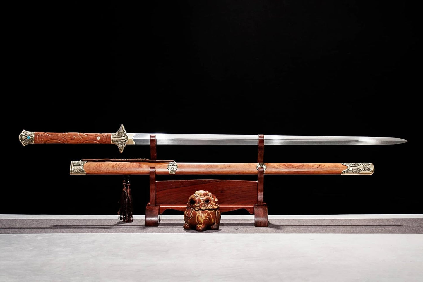 Qingming Jian | Hand-Forged Folded Pattern Steel Chinese Sword with Brass Fittings & Rosewood Scabbard