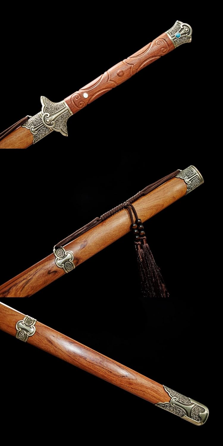 Qingming Jian | Hand-Forged Folded Pattern Steel Chinese Sword with Brass Fittings & Rosewood Scabbard