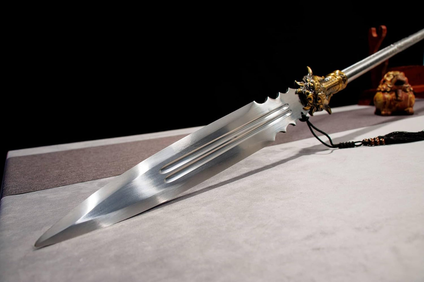 Yinglong Qiang | Hand-Forged High Manganese Steel Chinese Spear with Dragon Motif Socket & Polished Steel Shaft