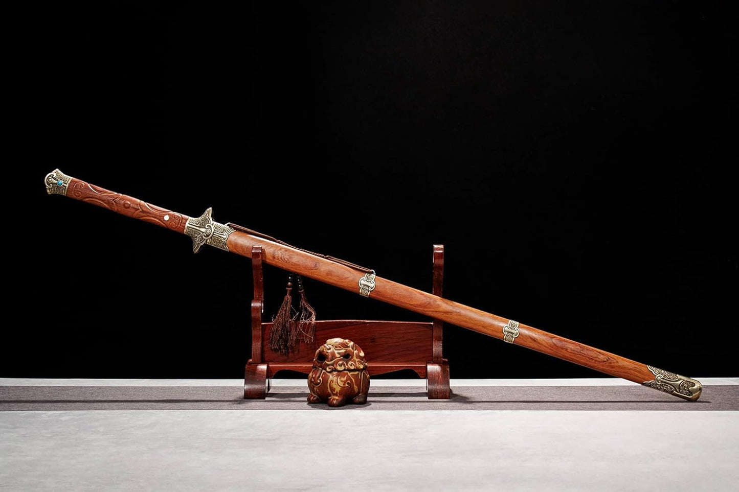 Qingming Jian | Hand-Forged Folded Pattern Steel Chinese Sword with Brass Fittings & Rosewood Scabbard