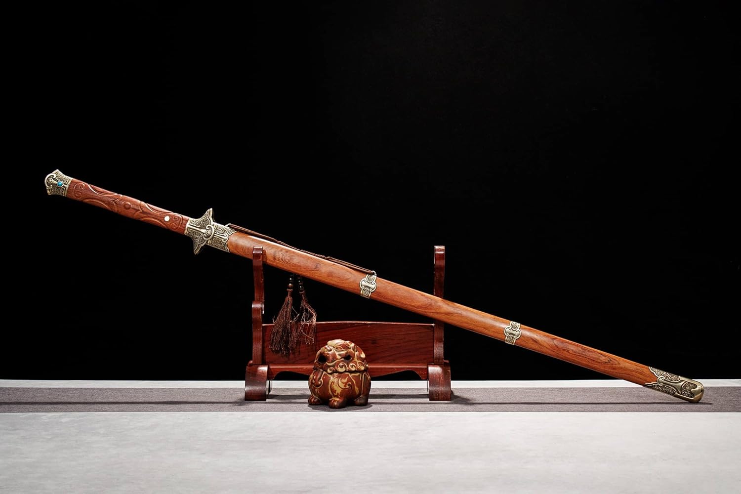Qingming Jian | Hand-Forged Folded Pattern Steel Chinese Sword with Brass Fittings & Rosewood Scabbard