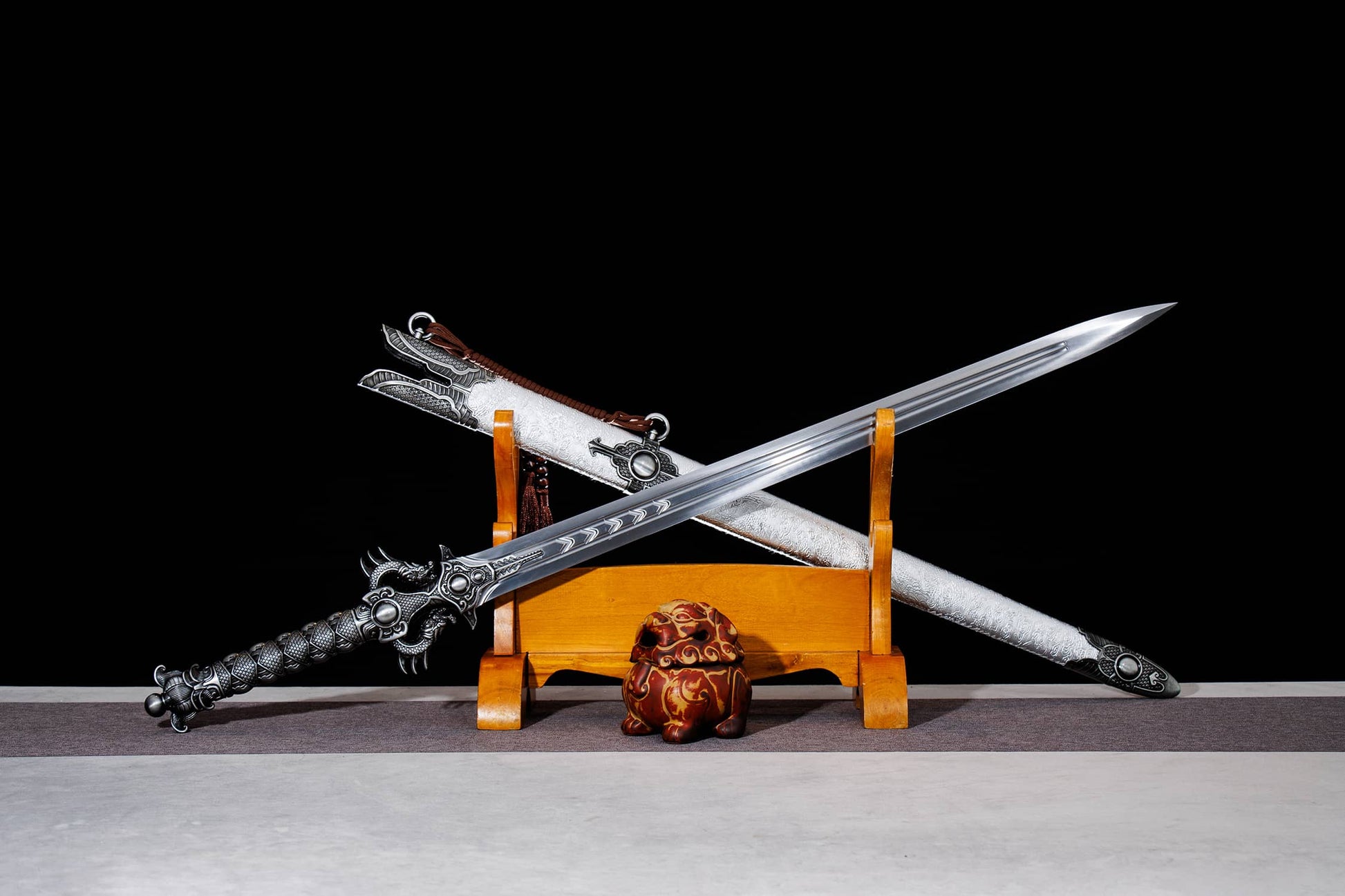 Double Dragon Jian | Hand-Forged High Manganese Steel Chinese Sword with Alloy Fittings & Silver Scabbard