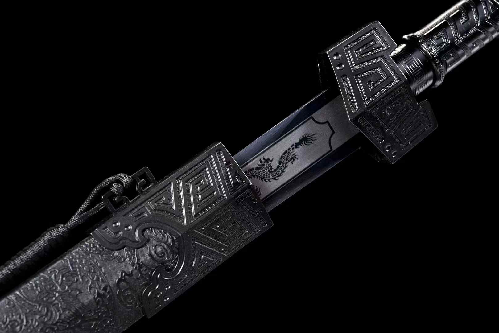 Black Qin Jian | Hand-Forged High Manganese Steel Chinese Sword with Blackened Blade & Leather-Wrapped Scabbard