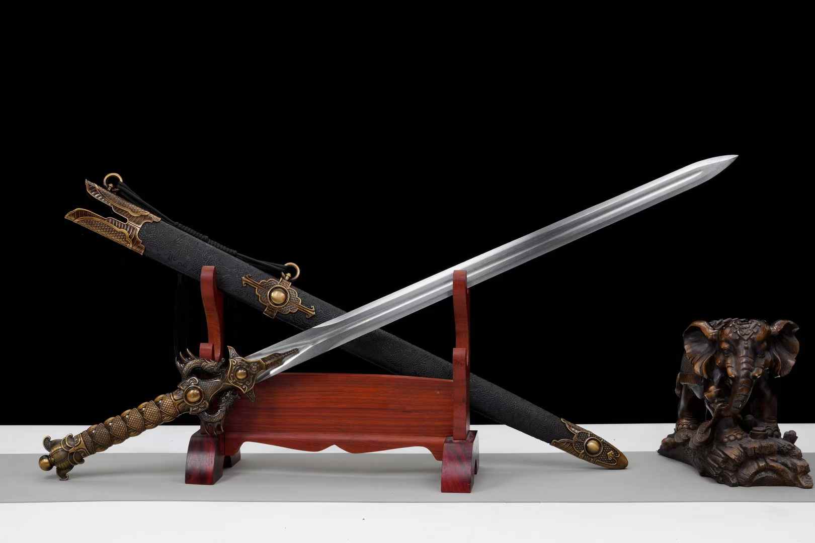 Double-Dragon Jian | Hand-Forged High Manganese Steel Chinese Sword with Dragon Relief Fittings & Black Scabbard