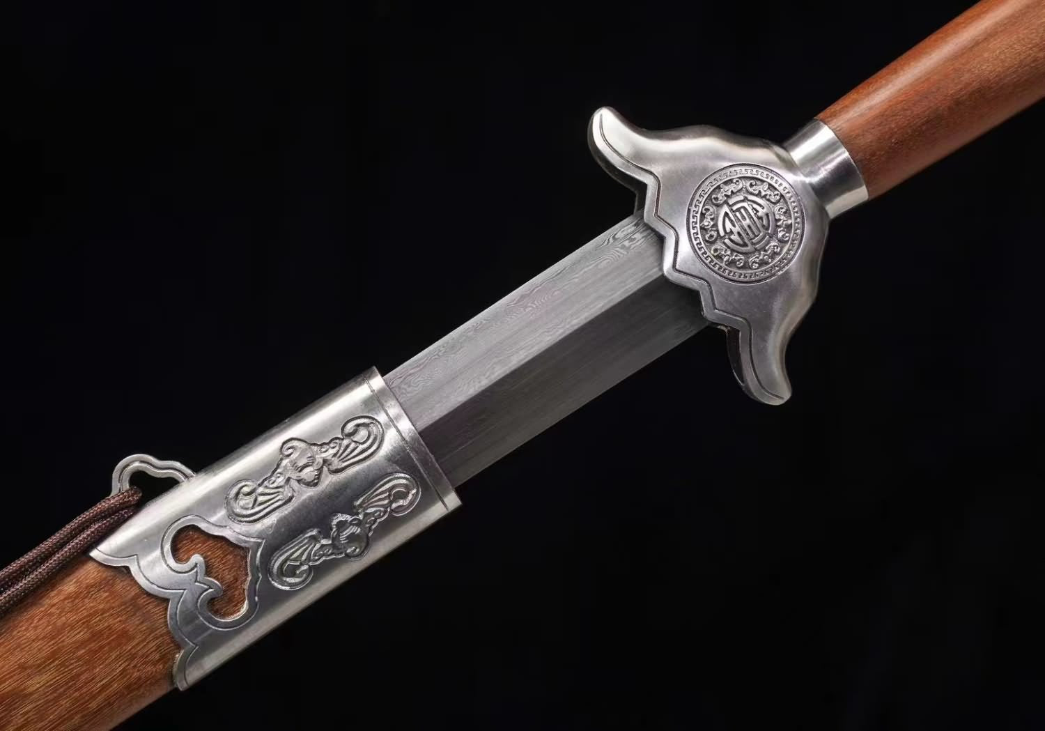 Two-Handed Sword Forged Damascus Steel Blade,Iron Fittings,Rosewood Scabbard Length 52"