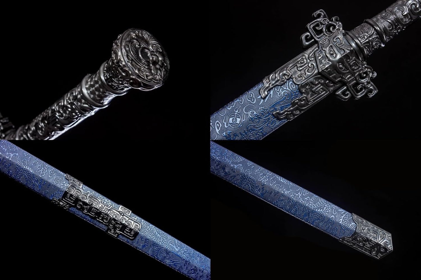 Golden Han Jian – Pattern Engraved Chinese Straight Sword with Blue Scabbard - Chinese Sword store