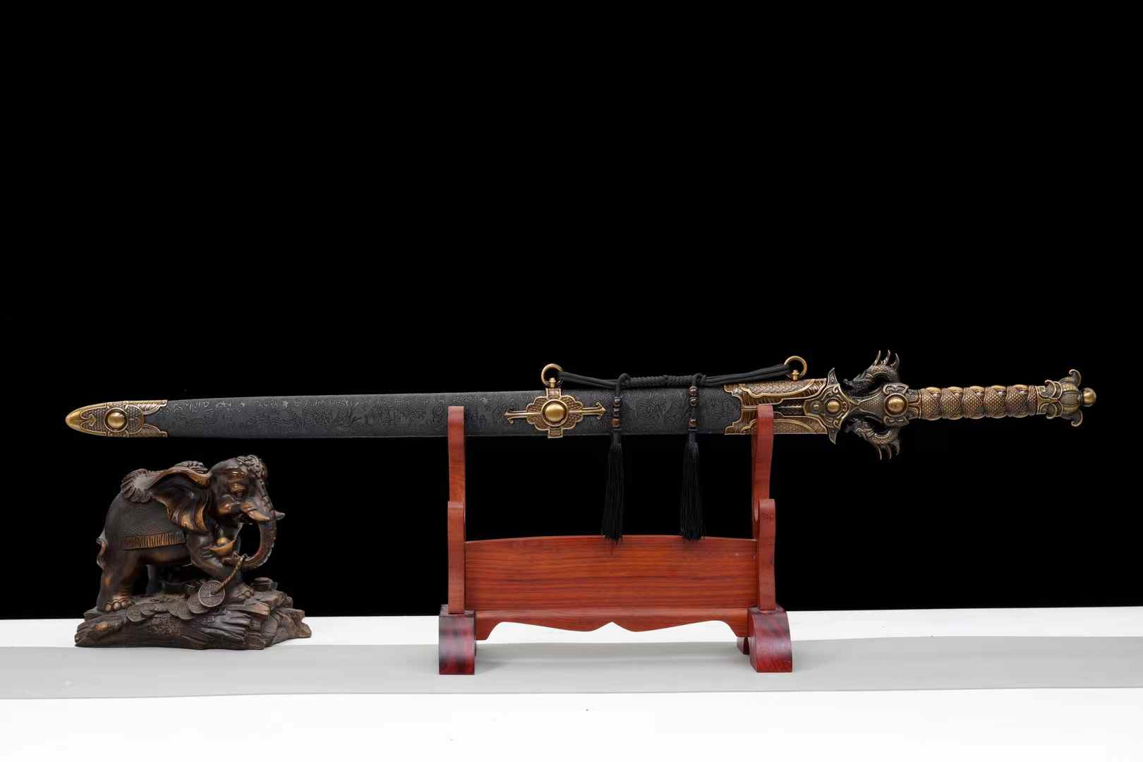 Double-Dragon Jian | Hand-Forged High Manganese Steel Chinese Sword with Dragon Relief Fittings & Black Scabbard