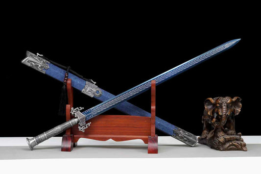 Blue Han Jian | Hand-Forged High Manganese Steel Chinese Sword with Blue Leather Scabbard & Alloy Fittings