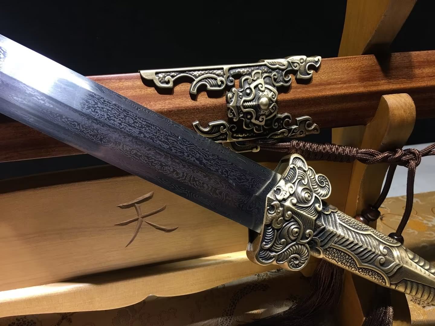 Han jian Hand Forged Damascus Steel Octahedron Blade,Brass Handle,Rosewood Scabbard