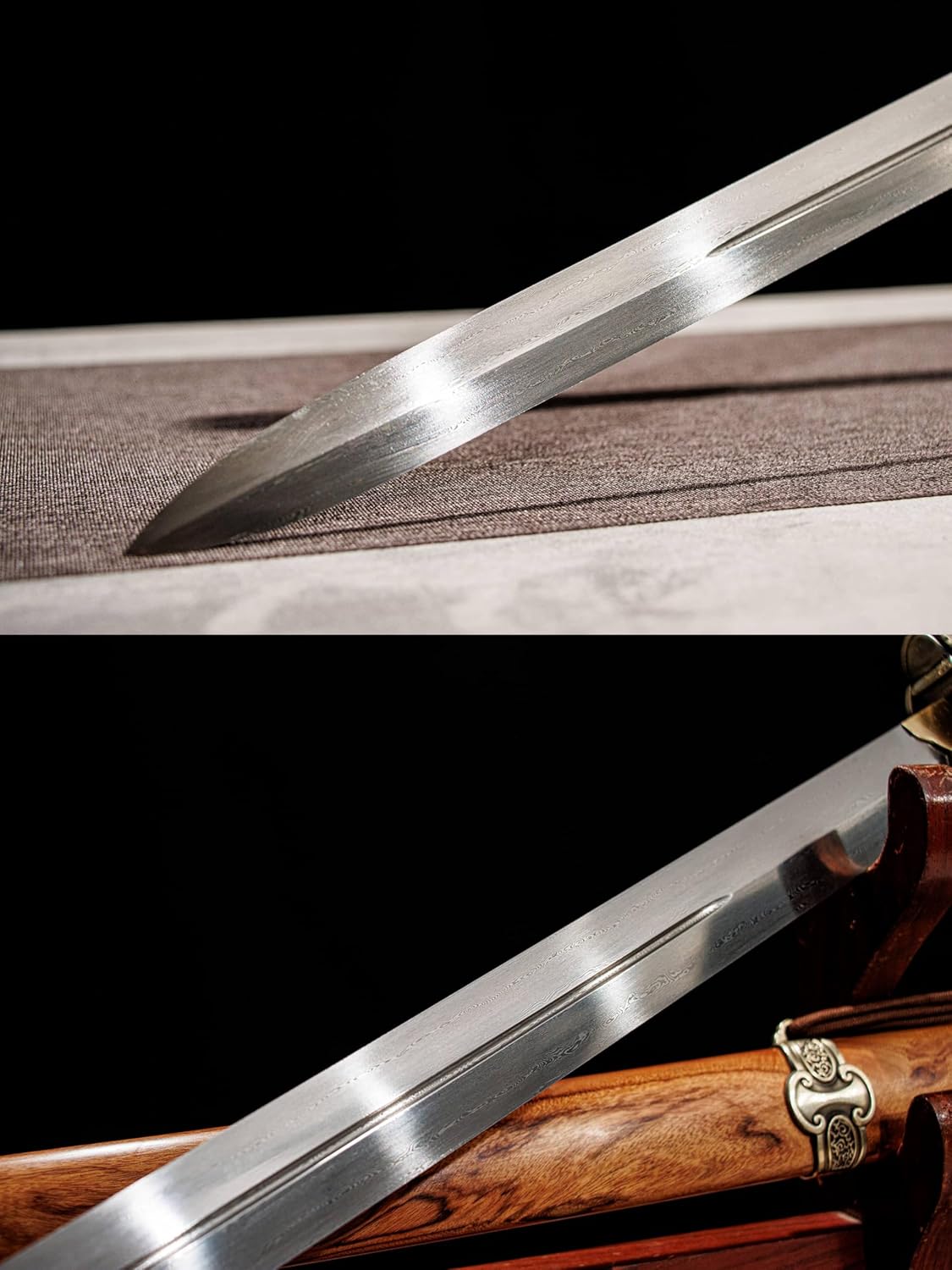 Qingming Jian | Hand-Forged Folded Pattern Steel Chinese Sword with Brass Fittings & Rosewood Scabbard