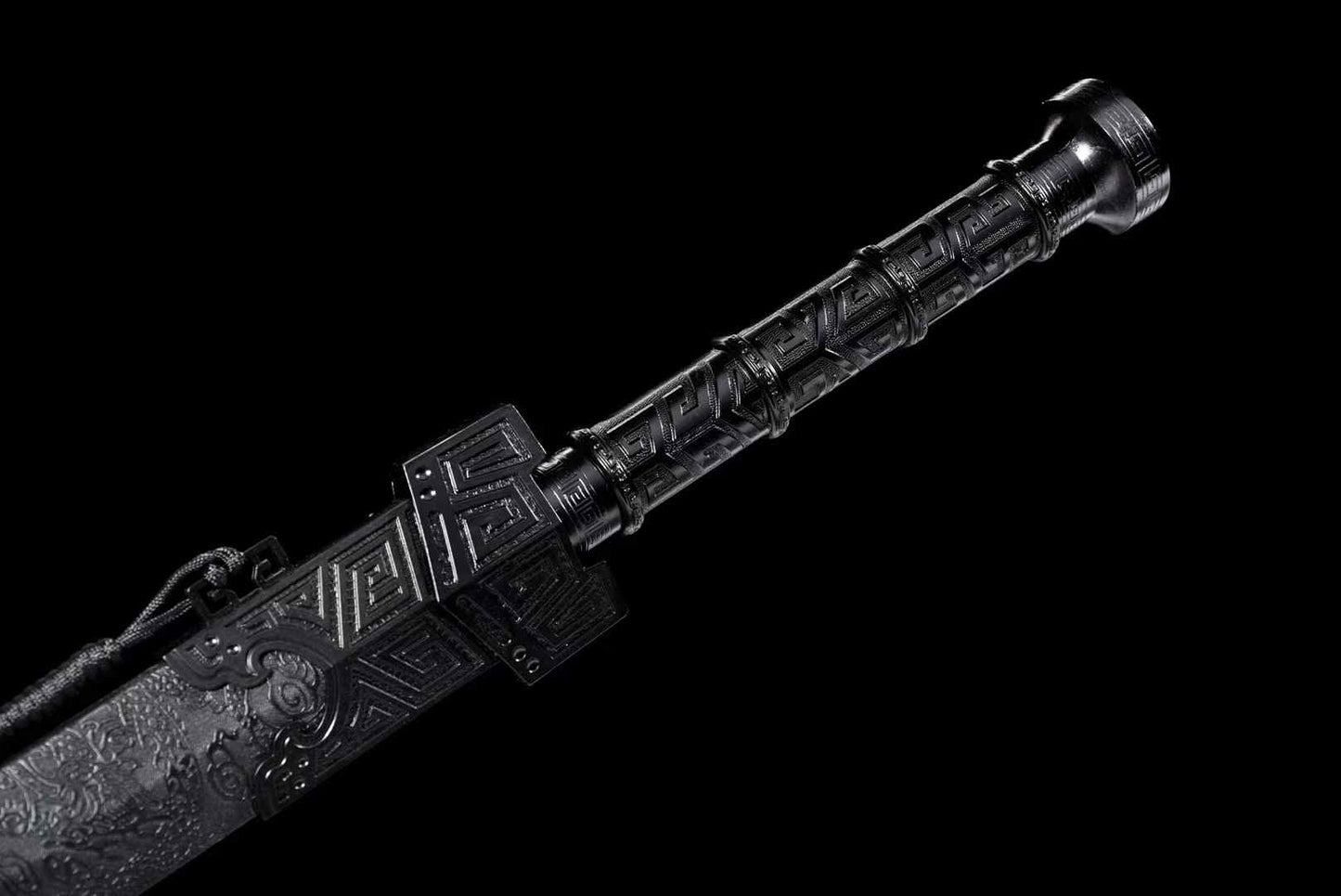 Black Qin Jian | Hand-Forged High Manganese Steel Chinese Sword with Blackened Blade & Leather-Wrapped Scabbard