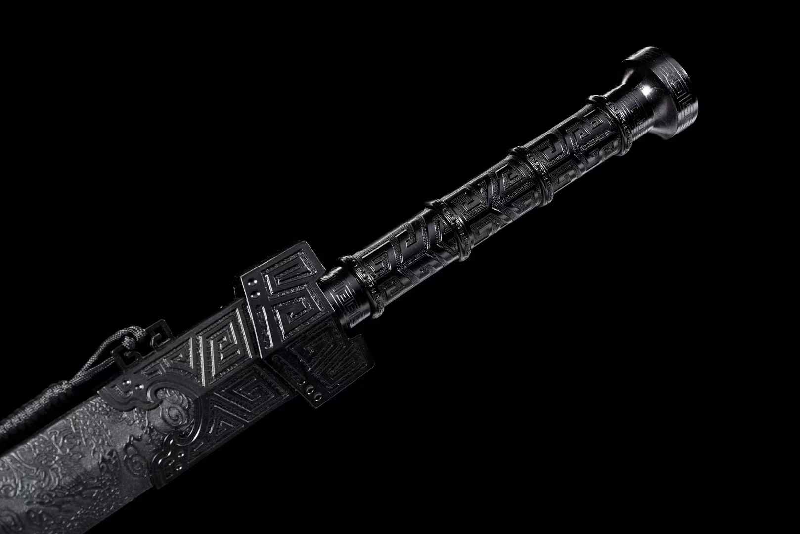 Black Qin Jian | Hand-Forged High Manganese Steel Chinese Sword with Blackened Blade & Leather-Wrapped Scabbard