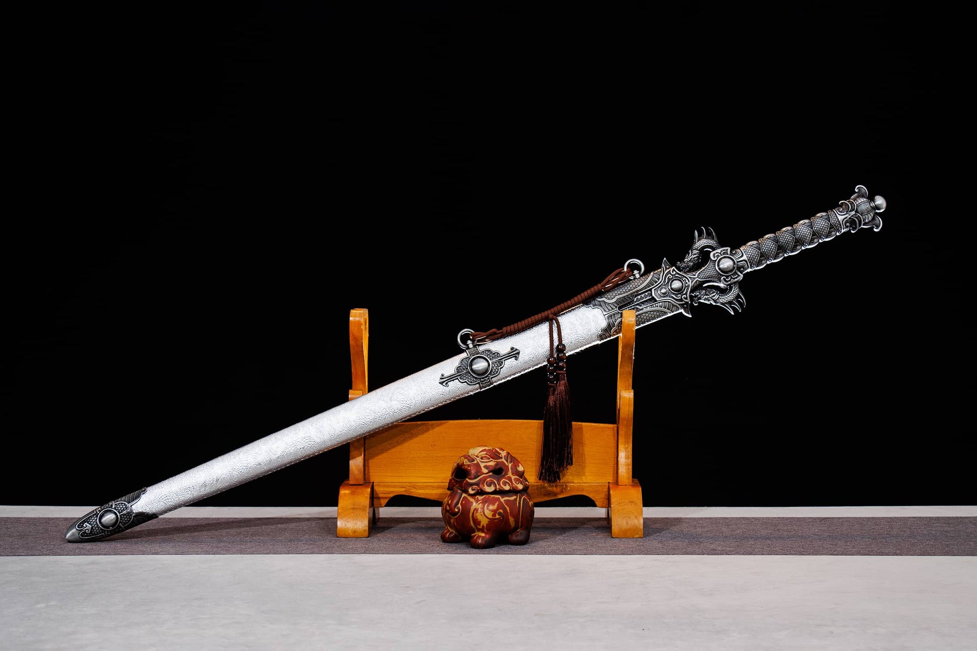 Double Dragon Jian | Hand-Forged High Manganese Steel Chinese Sword with Alloy Fittings & Silver Scabbard