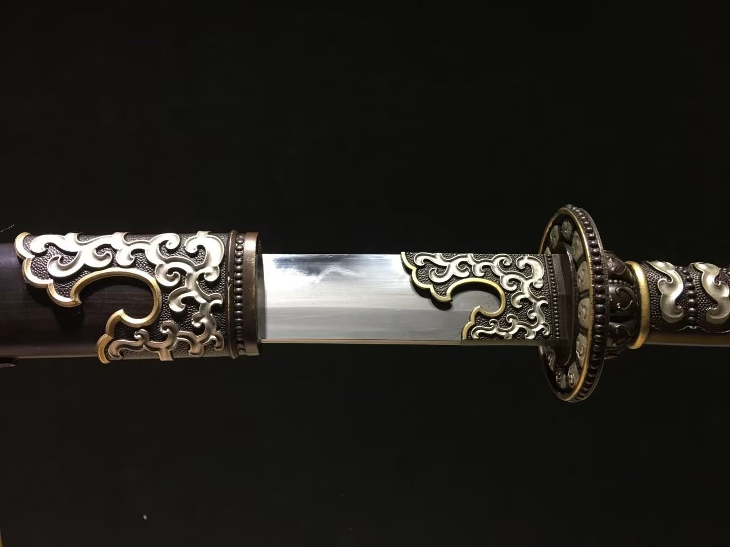 Premium Chinese Qing Dao Sword - Damascus Steel Blade, Ebony Scabbard, Brass Fittings