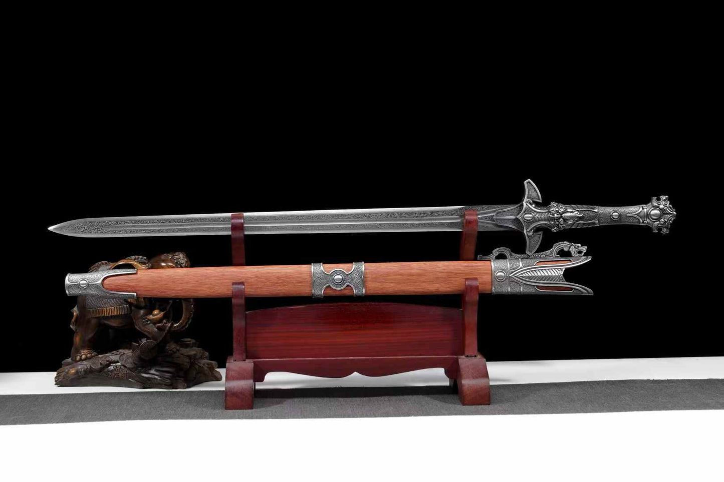 Tianji Chinese Jian 40.9″ | Folded Damascus High-Mn Steel, Rosewood Scabbard