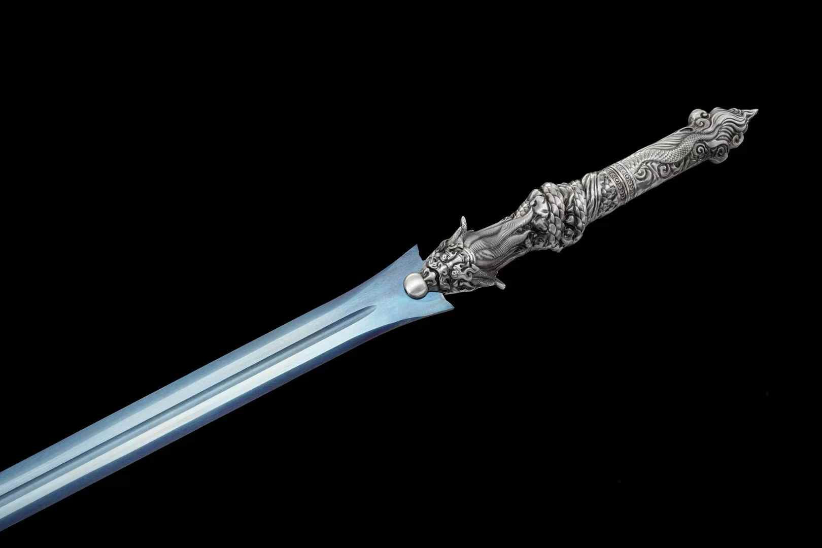 Panlong Jian – Dragon Handle Chinese Sword with Blue Blade & Wood Scabbard