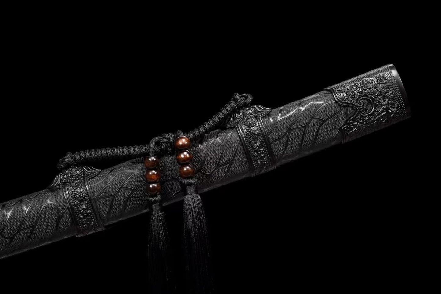 Qing dao Sword,Forged High Carbon Steel Black Blade,Solid Wood Wrapped Faux Leather Scabbard,Alloy Fittings