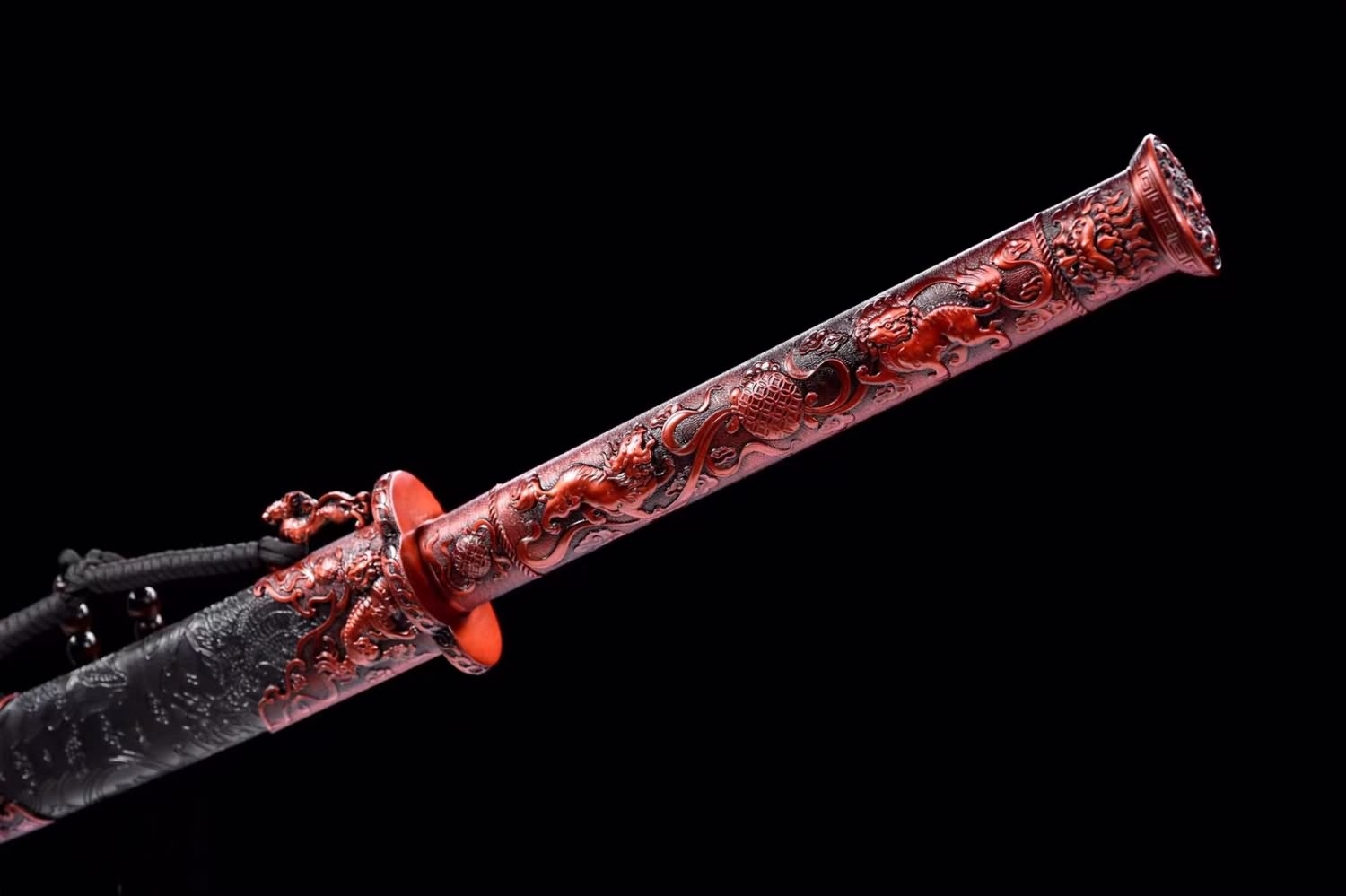 Traditional Chinese Qing Dao Sword-Spring Steel Blade, Red Alloy Fittings,Wood Wrapped Faux Leather Scabbard