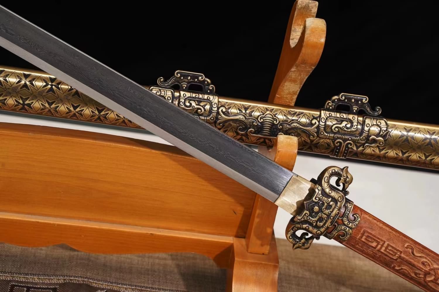 LOONGSWORD Chinese Sword Tang dao -Forged Damascus Steel Blade, Brass Scabbard, Collectible and Functional