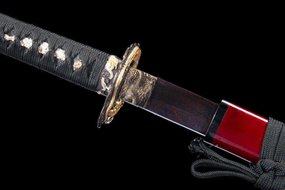 Purple Feather-Pattern Katana – T10 Folded Steel with Gilded Copper Fittings