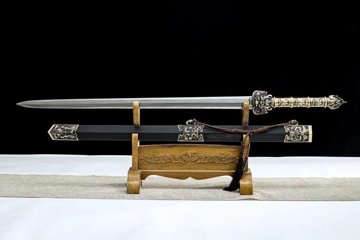 Han Sword, Damascus Steel Blade, Ebony Scabbard, Brass Dragon Fittings-Length 45”
