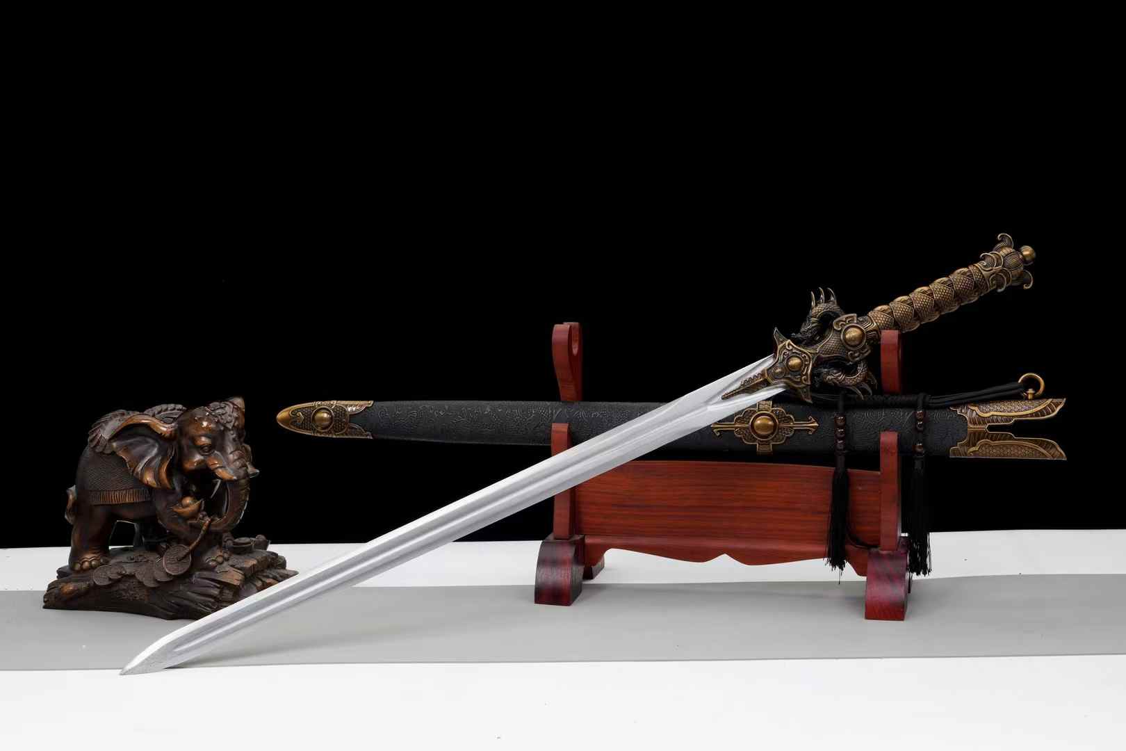 Double-Dragon Jian | Hand-Forged High Manganese Steel Chinese Sword with Dragon Relief Fittings & Black Scabbard