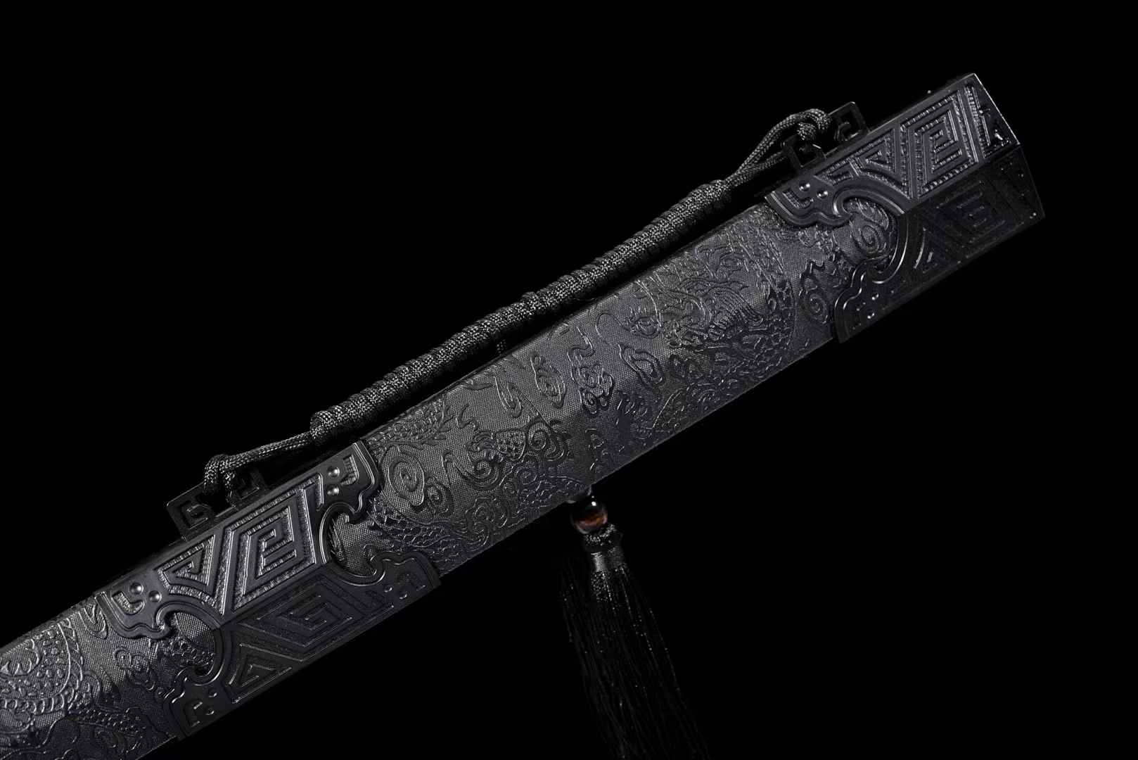 Black Qin Jian | Hand-Forged High Manganese Steel Chinese Sword with Blackened Blade & Leather-Wrapped Scabbard