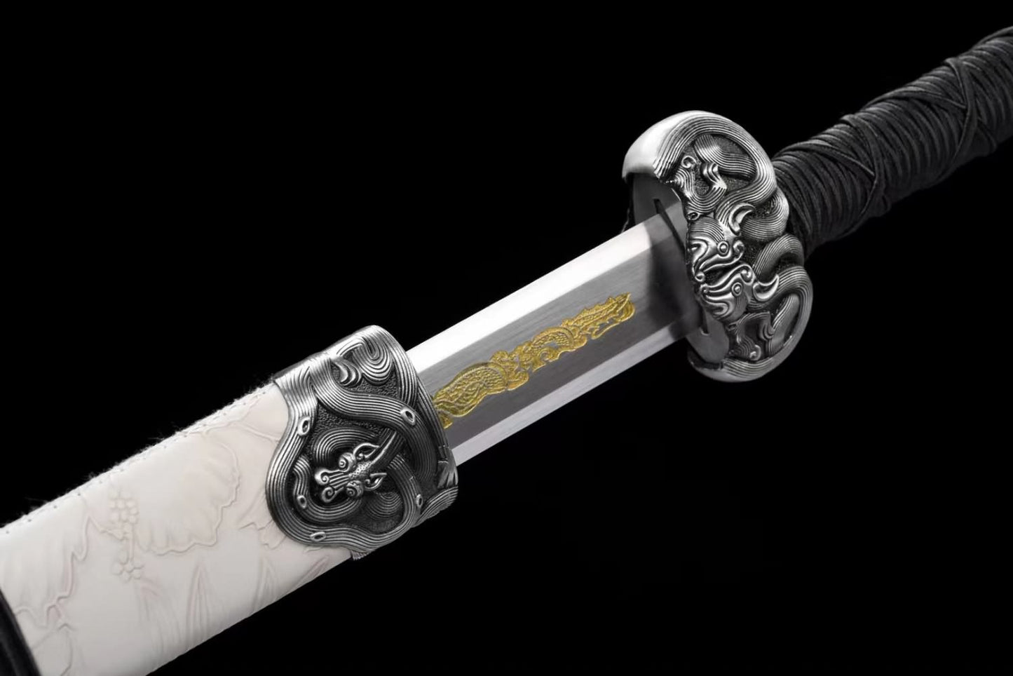 Han jian Sword Forged High Carbon Steel Etched Blade,Alloy Fittings,White Leather