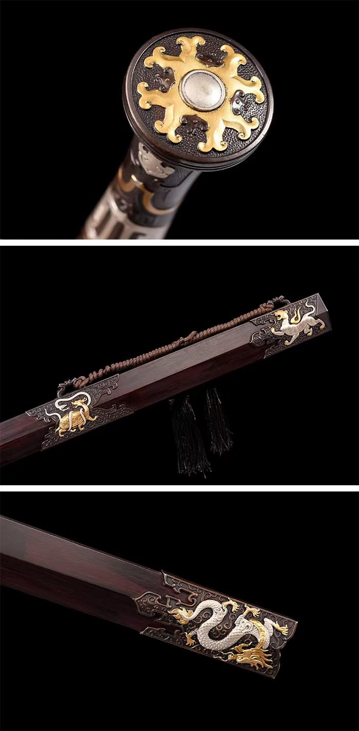 Handcrafted Chinese Han Sword with Forged Damascus Steel Blade - Antique Brass Fittings and Ebony Wood Scabbard