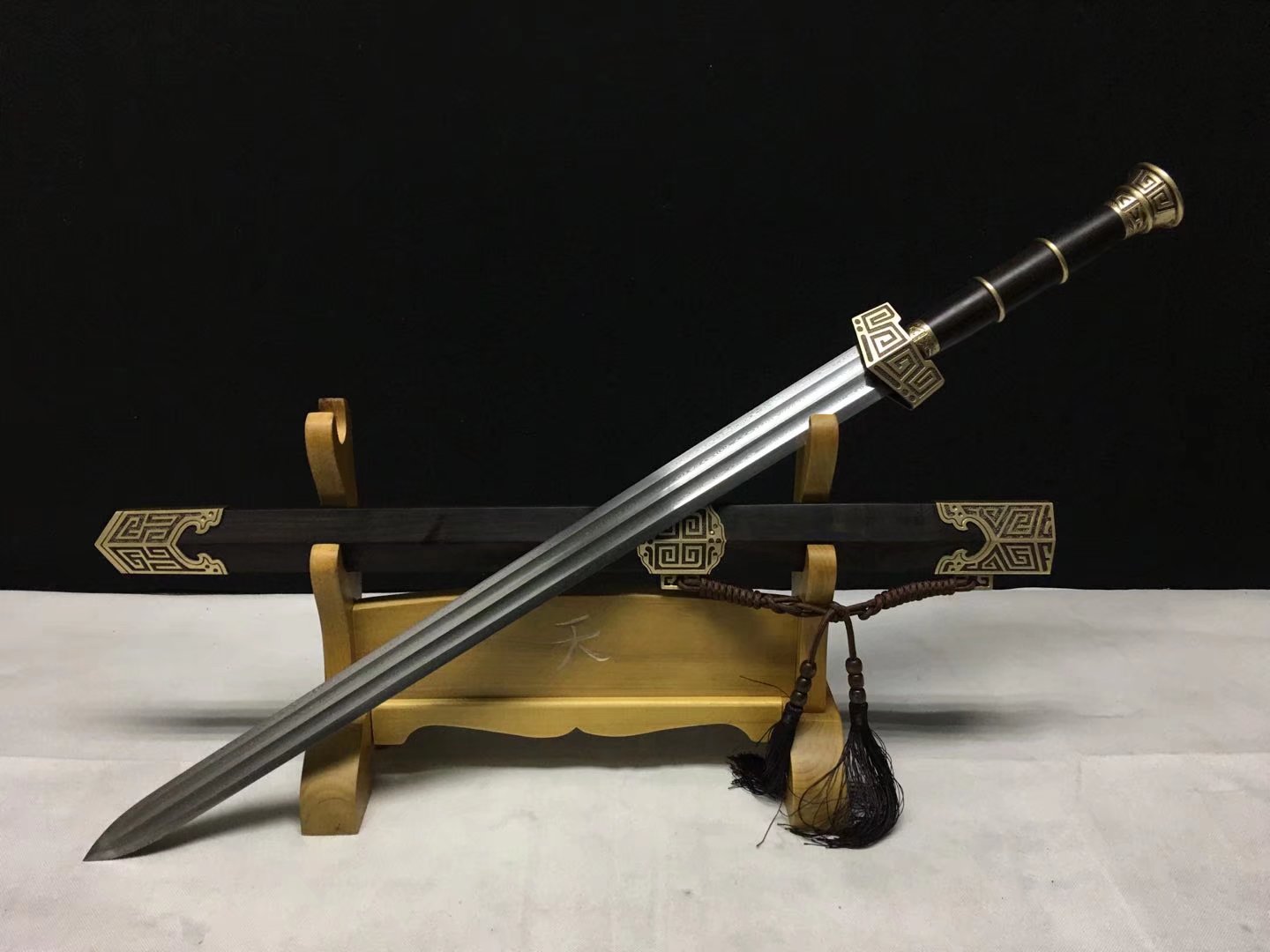Qin King Jian | Hand-Forged Pattern Steel Chinese Sword with Brass Fittings & Ebony Scabbard