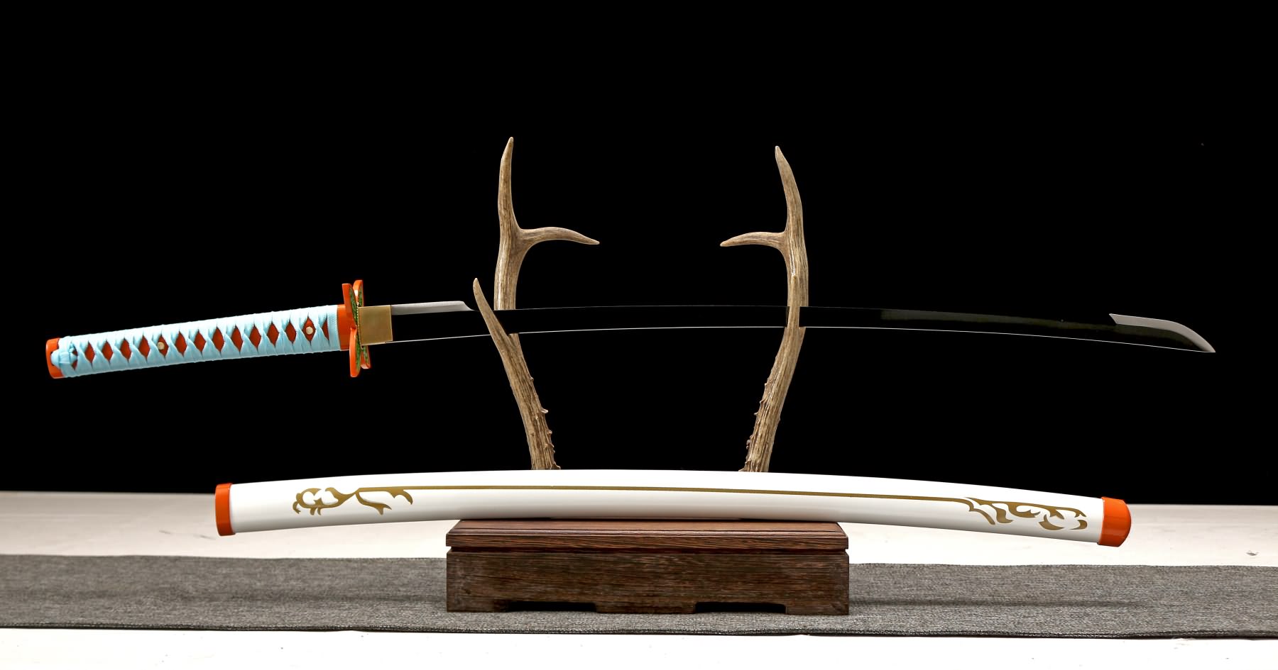 Anime-inspired black-blade katana with white painted wood scabbard