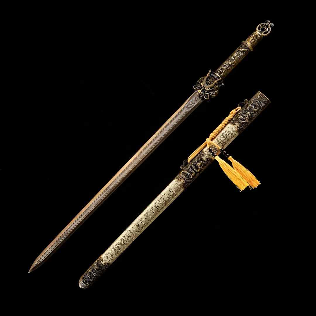 Dragon King Jian | Hand-Forged High Manganese Steel Chinese Sword with Dragon Relief Alloy Fittings & Leather Scabbard