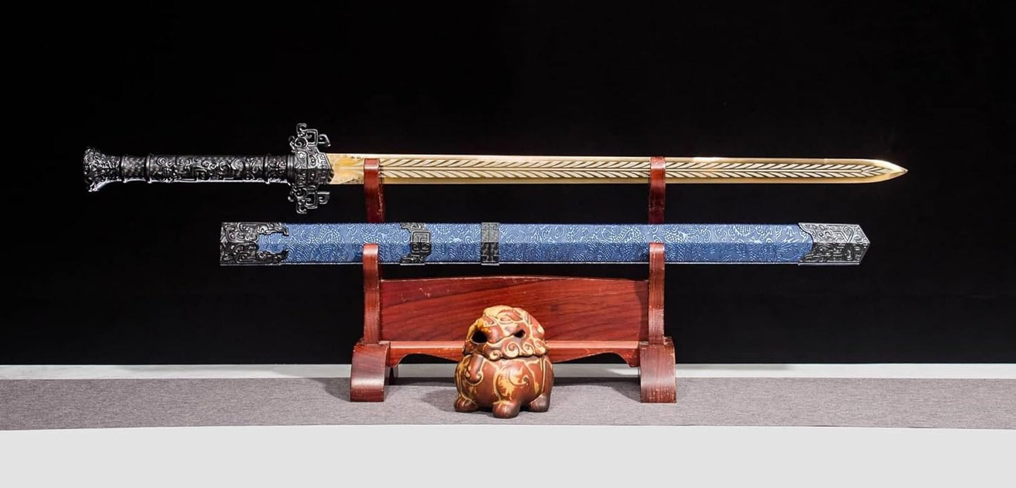 Golden Han Jian – Pattern Engraved Chinese Straight Sword with Blue Scabbard - Chinese Sword store