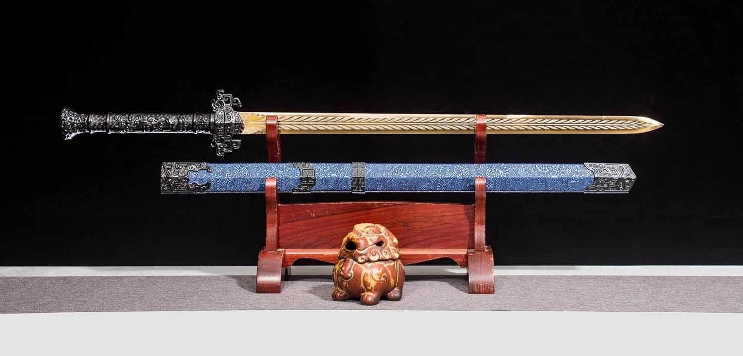Golden Han Jian – Pattern Engraved Chinese Straight Sword with Blue Scabbard - Chinese Sword store