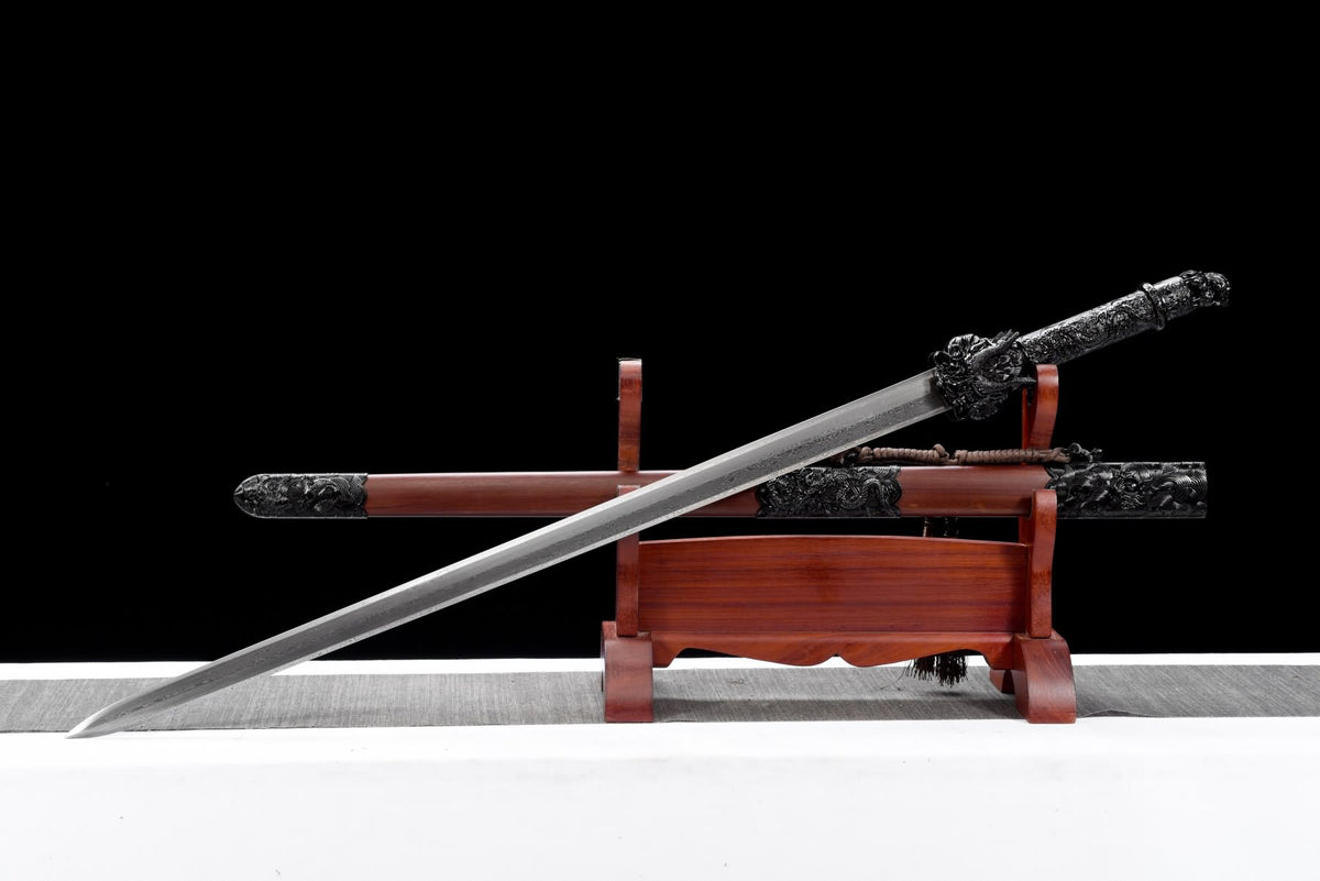 Angled full view of Black Dragon Jian beside its wooden scabbard; wooden display stand not included