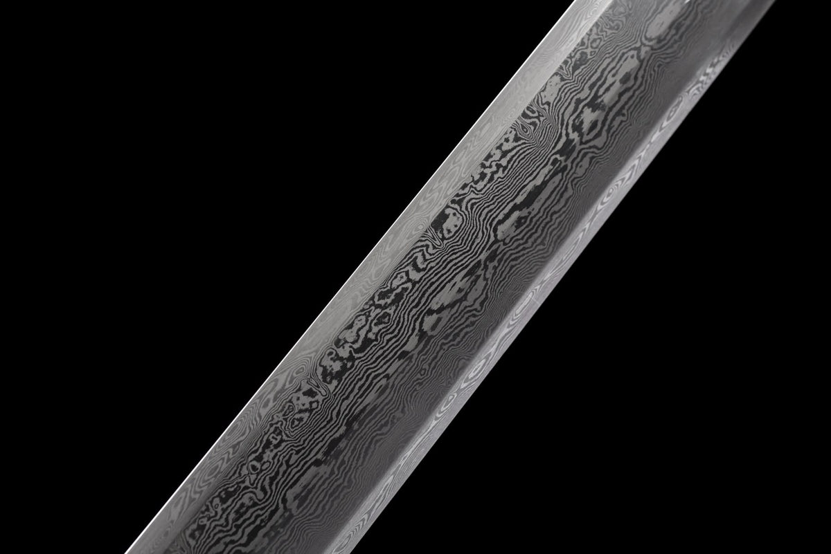Close-up of the flowing steel pattern on the Black Dragon Jian blade
