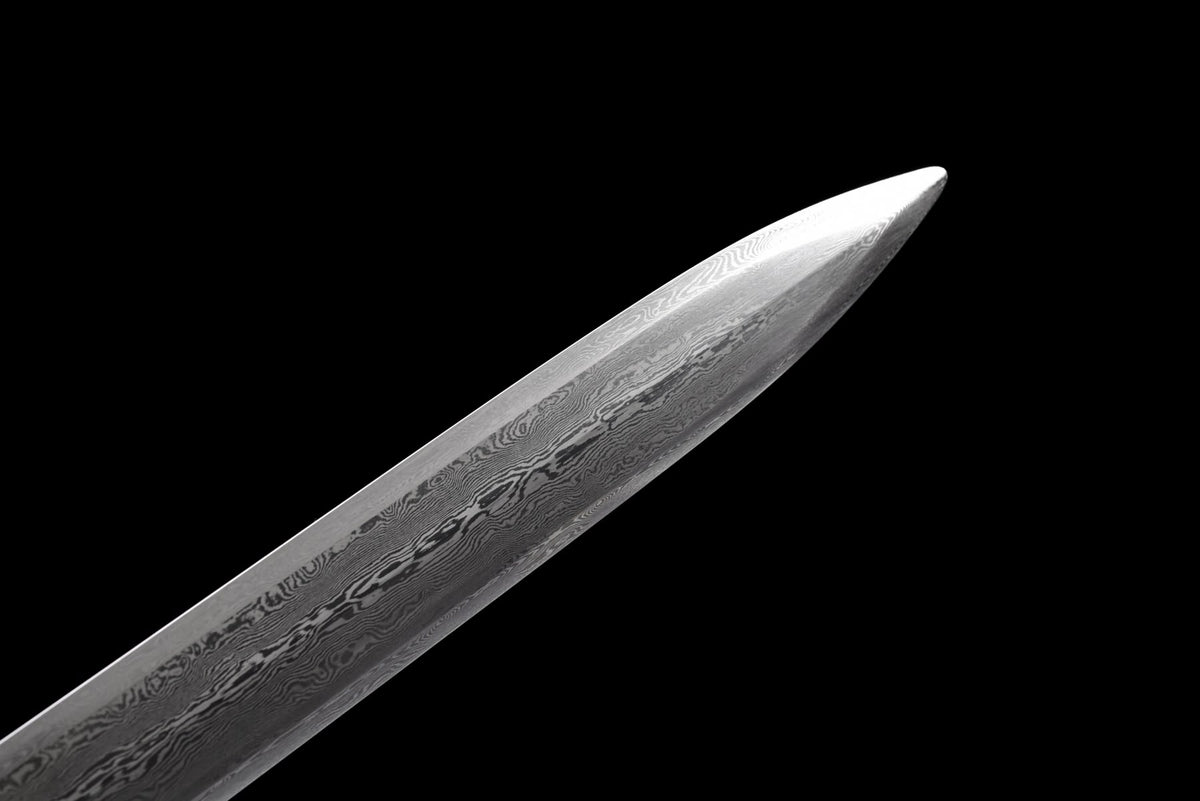 Faceted Black Dragon Jian blade showing its steel pattern and pointed tip