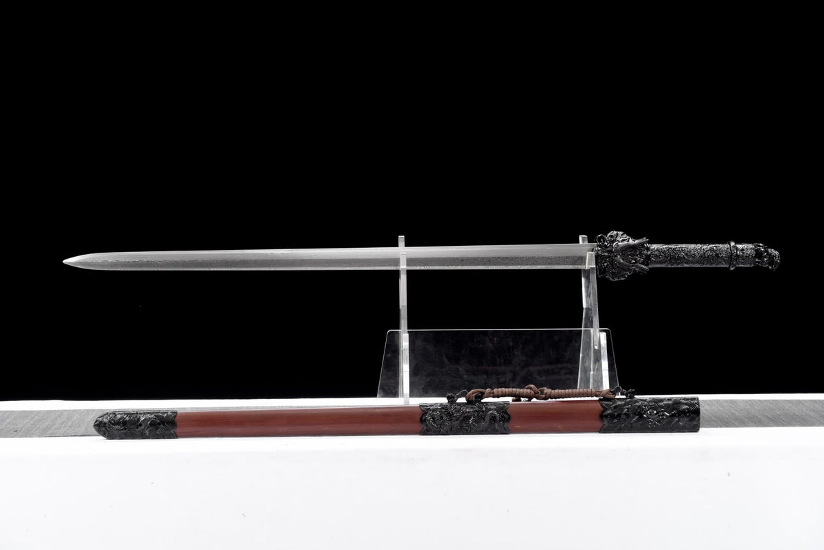 Black Dragon Jian with a straight blade, reddish-brown wooden scabbard and dark dragon fittings; clear display stand not included
