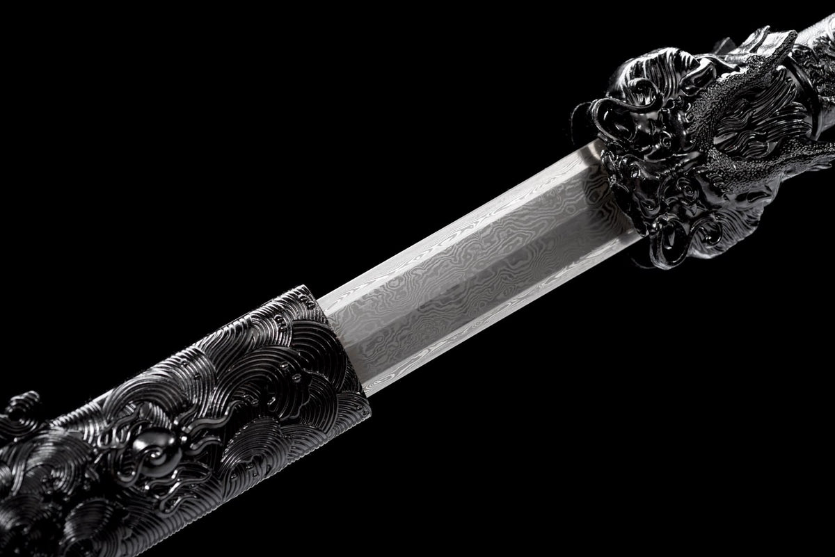 Black Dragon Jian dragon-head guard and patterned blade partially drawn from the scabbard