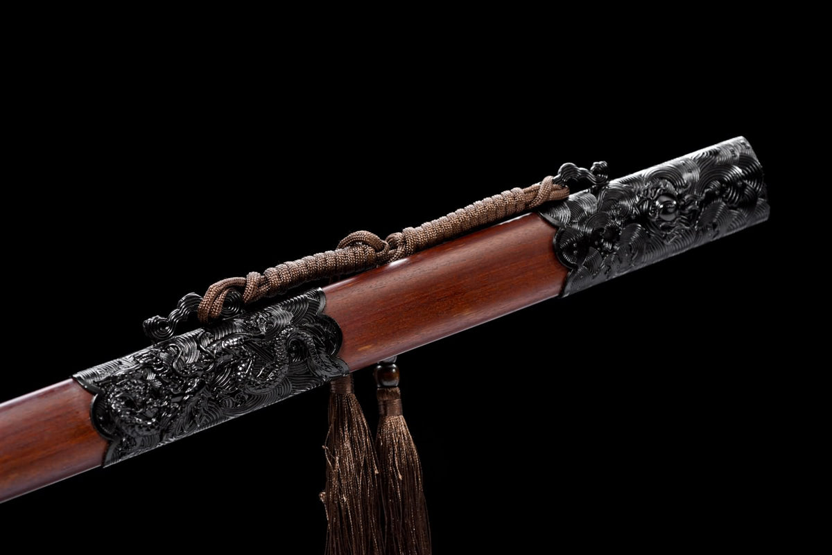 Reddish-brown wooden Black Dragon Jian scabbard with dark dragon fittings and decorative cord