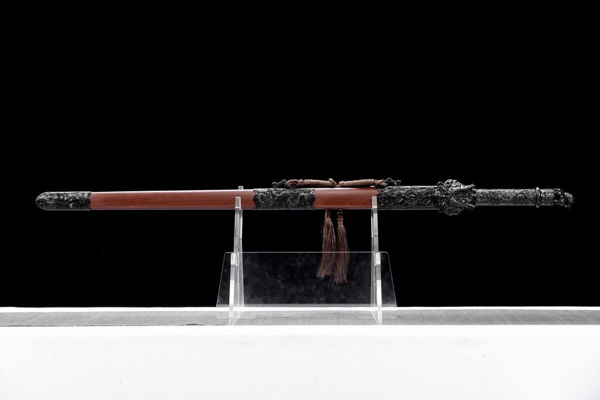 Black Dragon Jian sheathed in a reddish-brown wooden scabbard with dark ornamental fittings; clear stand not included
