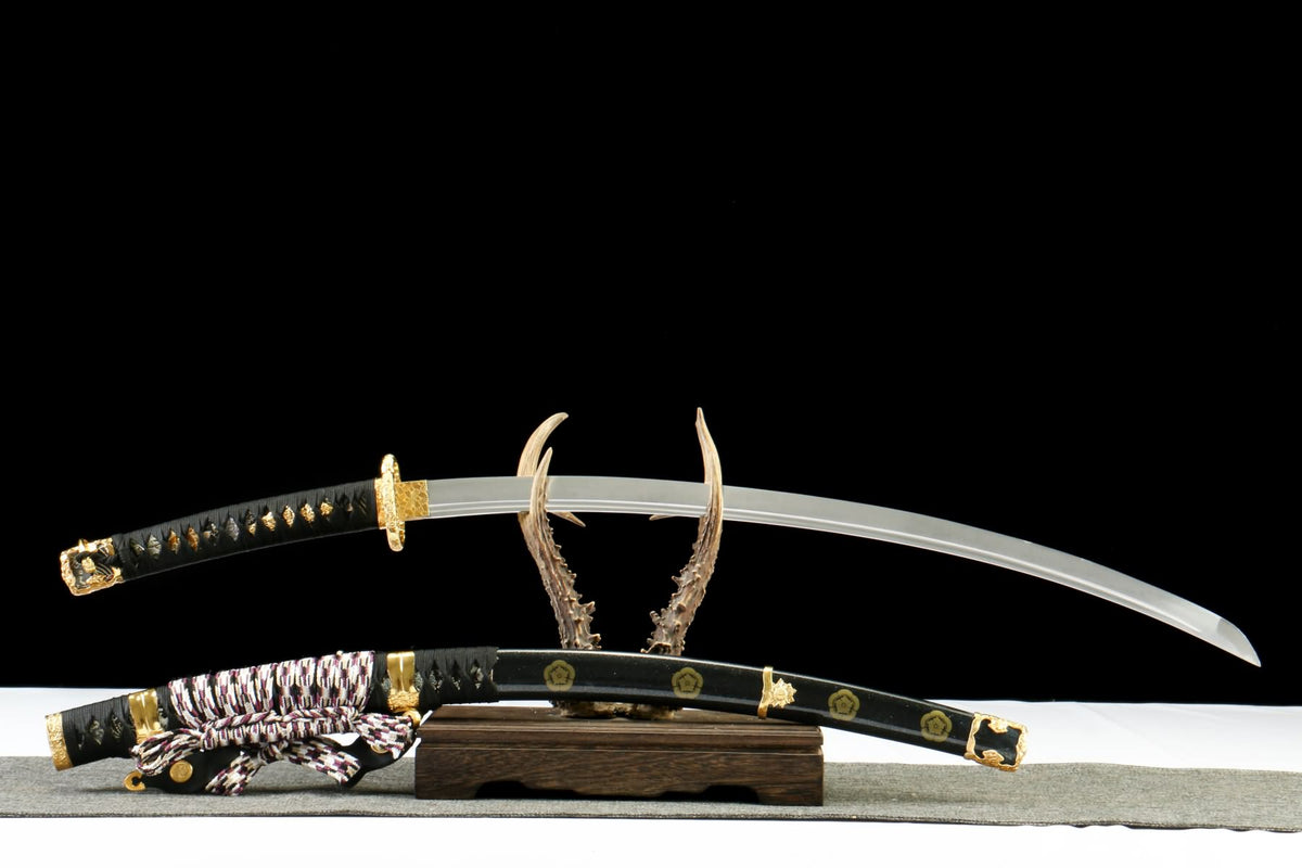Reverse full view of Japanese-style Tachi and matching black scabbard with decorative braided cord