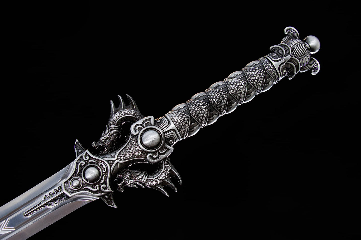 Double Dragon Jian | Hand-Forged High Manganese Steel Chinese Sword with Alloy Fittings & Silver Scabbard