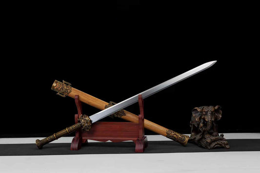 Chinese Yue King Jian high manganese steel sword displayed with wood scabbard