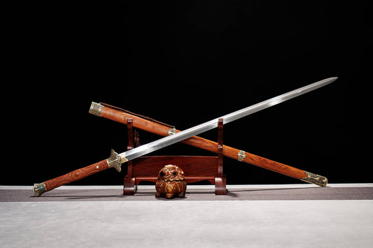 Qingming Jian | Hand-Forged Folded Pattern Steel Chinese Sword with Brass Fittings & Rosewood Scabbard